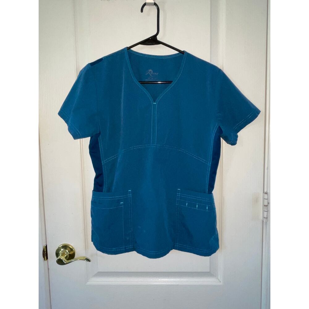 Reina Teal Blue Scrub Top XS Contrast Stitch Stretch Nursing Core